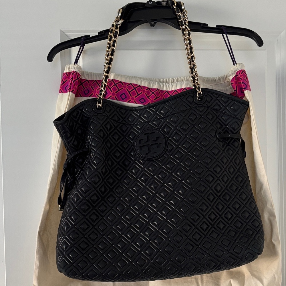 Tory Burch Black Quilted Tote with Gold Chain